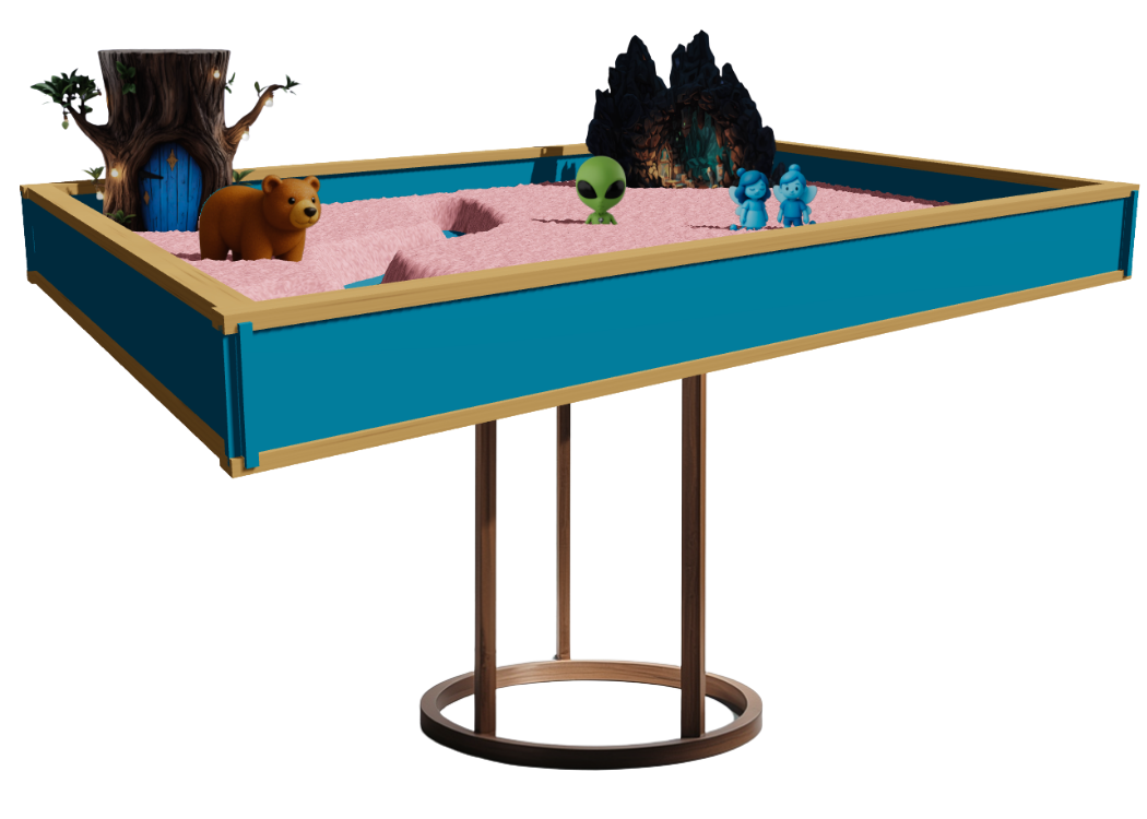 Fantasy-themed sand tray scene with creative miniatures for therapy prompts